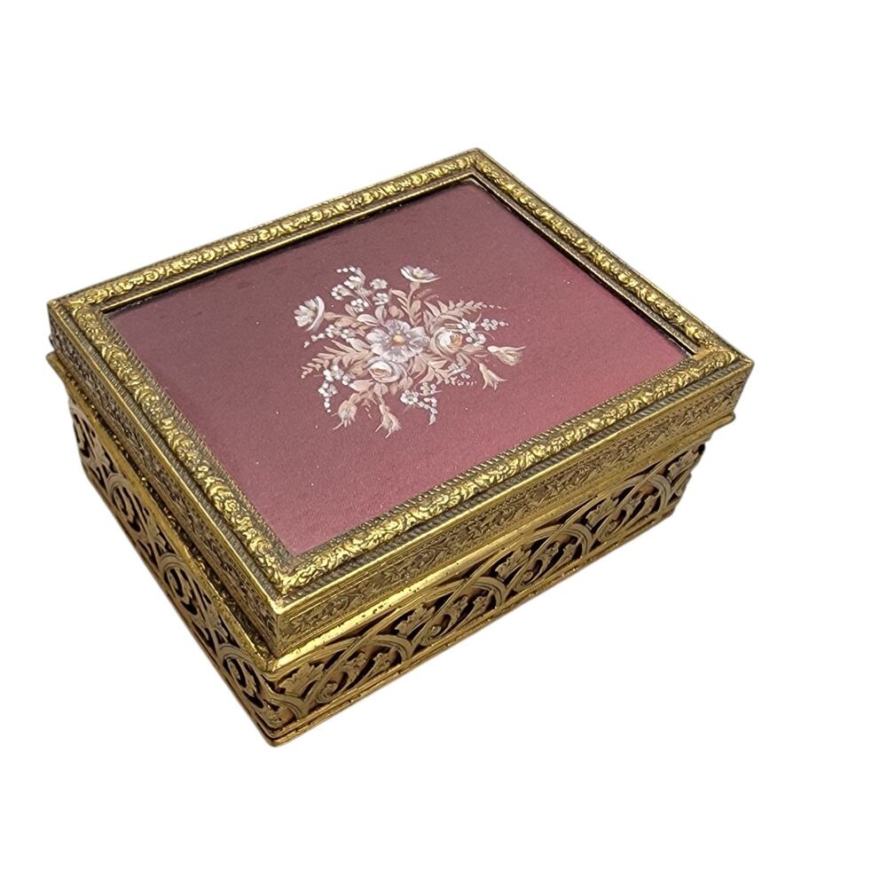 Vintage Ornate Gold Tone Filigree Wood Trinket Box Floral Lid Velvet Base